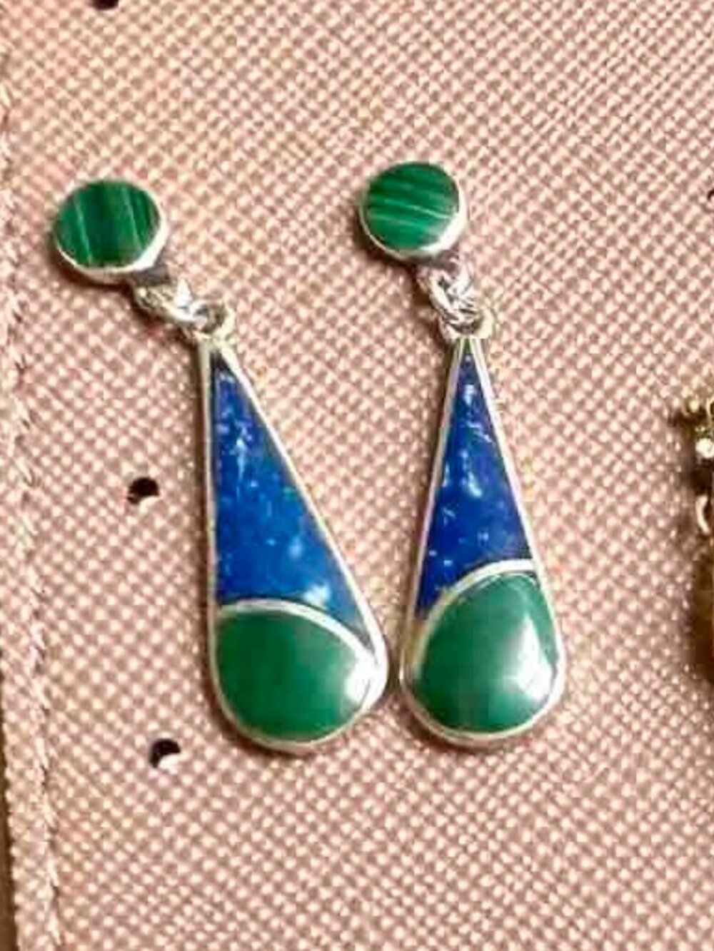 Beautiful Malachite & Lapis Lazuli Silver Drop Earrings pair 2-sided